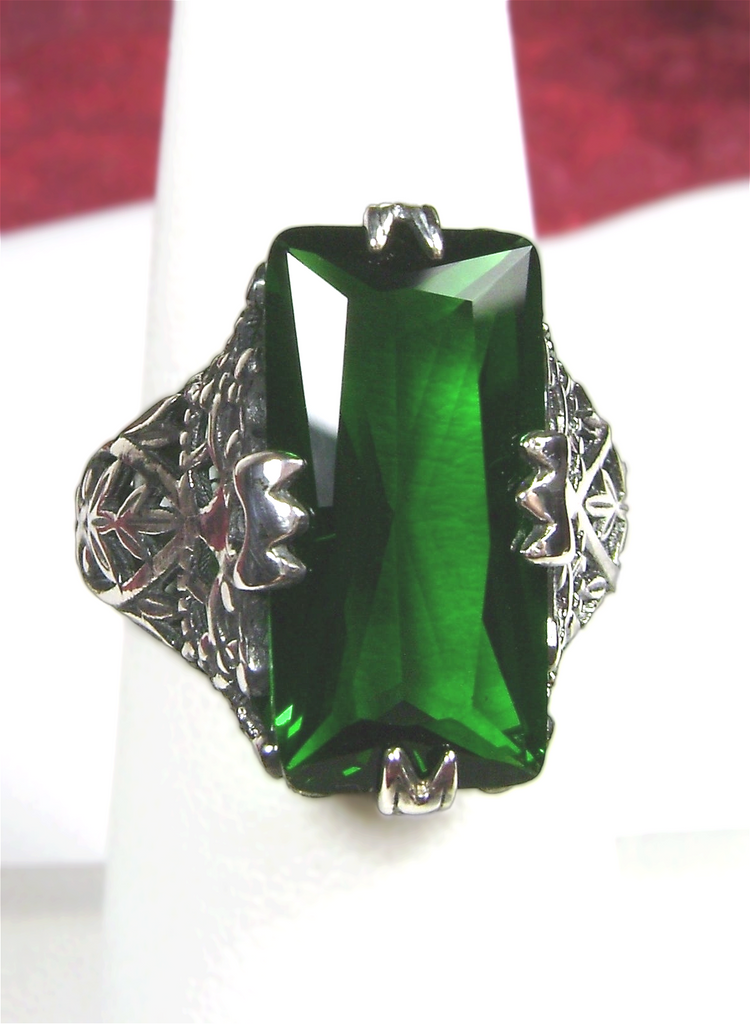 Green Emerald Ring, Baguette Gemstone, Intaglio Ring, Victorian Jewelry, Silver Embrace Jewelry, D31