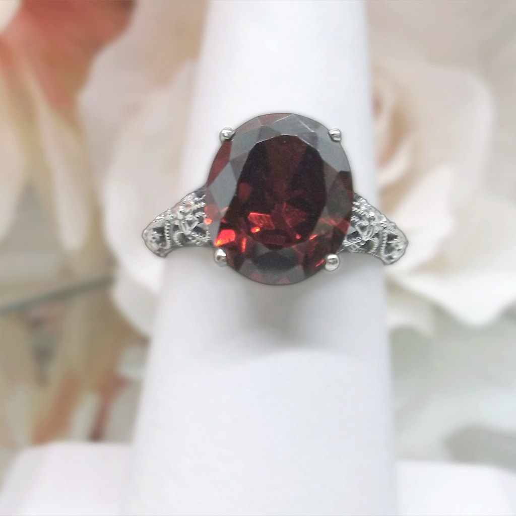 Garnet Ring, Cubic Zirconia Gemstone, Garnet CZ Ring, Medieval Floral Sterling Silver Filigree, Oval Faceted Gemstone, Vintage Jewelry, Silver Embrace Jewelry, D173