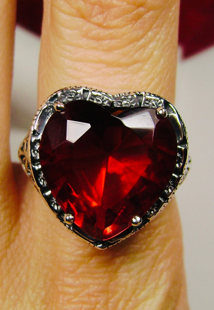 Red Garnet CZ Ring, Heart Shaped gemstone, Victorian Sterling Silver Filigree, D59 Heart Vic, Silver Embrace Jewelry