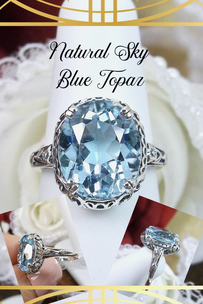 Natural Sky Blue Topaz Ring, Sky Blue natural oval gemstone, Sterling Silver floral filigree, Edward design #D70z, Silver Embrace Jewelry 