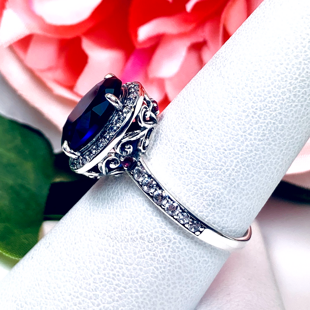 Blue Sapphire Ring, Sterling Silver Filigree, Halo Design, Silver Embrace Jewelry, Art Deco Jewelry, D228