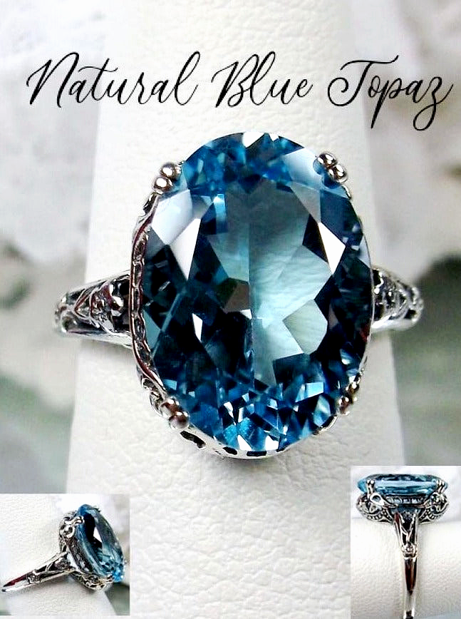 natural blue topaz Ring, natural oval faceted gemstone, floral sterling silver filigree, Edward design #D70