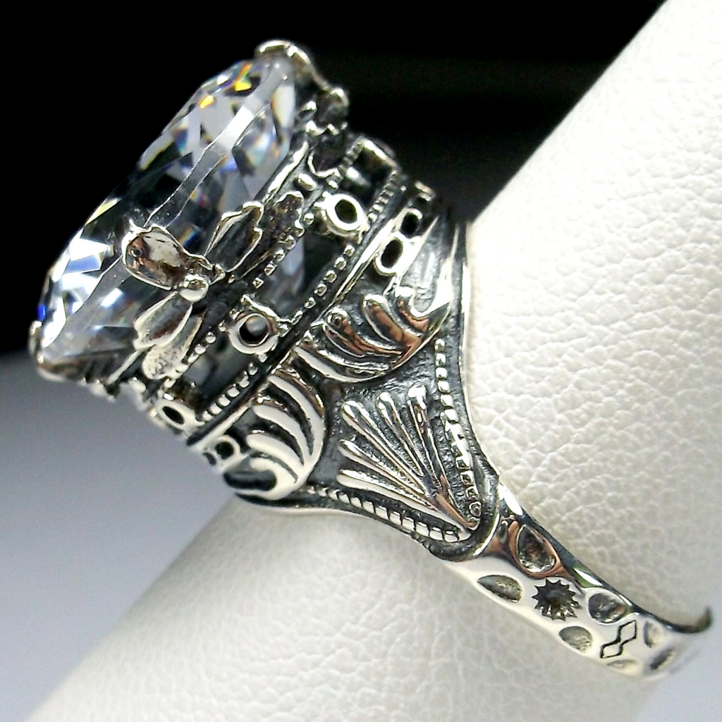 White CZ Ring with large round faceted gemstone in an ornate sterling silver filigree setting, Victorian style, Georgian influenced style, D52, Silver Embrace Jewelry, Queen Ring