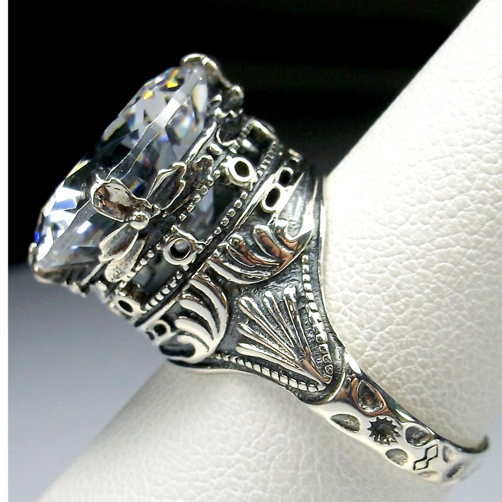 White CZ Ring with large round faceted gemstone in an ornate sterling silver filigree setting, Victorian style, Georgian influenced style, D52, Silver Embrace Jewelry, Queen Ring