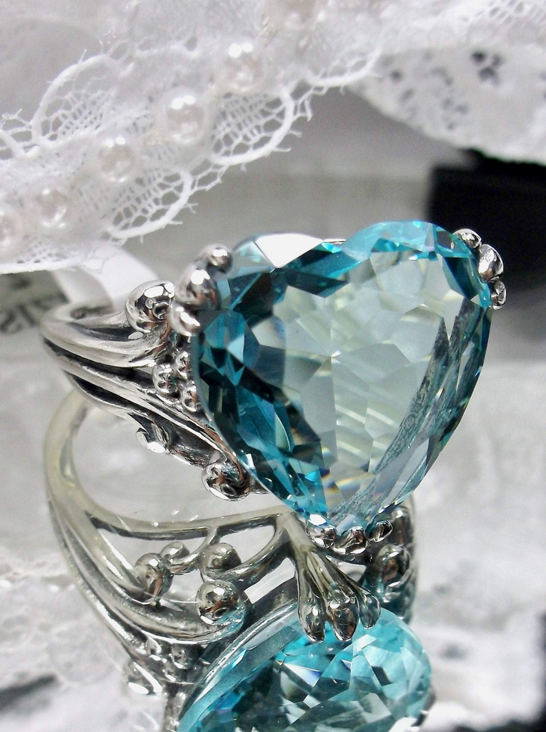 sky blue aquamarine ring with a heart shaped gem and gothic style sterling silver filigree, Silver Embrace Jewelry, D213, Heartleaf Ring