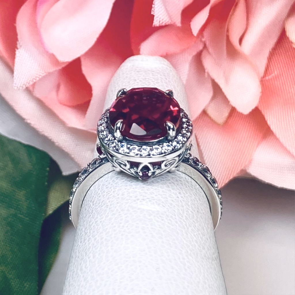 Ring with Red Ruby center gem surrounded by white CZ tiny gems, with white CZ gems down the shank, Ruby Halo Ring, White CZ Accent gems, Art Deco Sterling Silver Filigree, Halo Ring D228 | Silver Embrace Jewelry