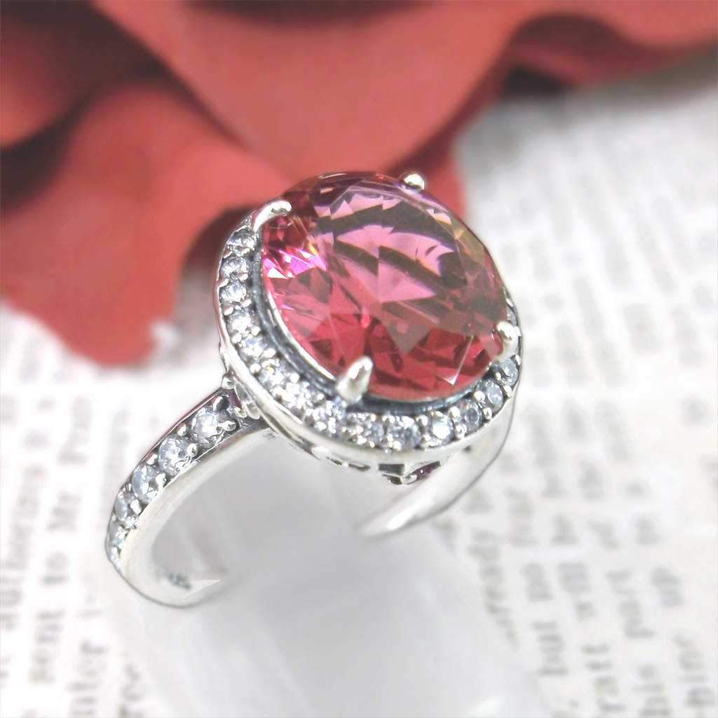 Ring with Red Ruby center gem surrounded by white CZ tiny gems, with white CZ gems down the shank, Ruby Halo Ring, White CZ Accent gems, Art Deco Sterling Silver Filigree, Halo Ring D228 | Silver Embrace Jewelry