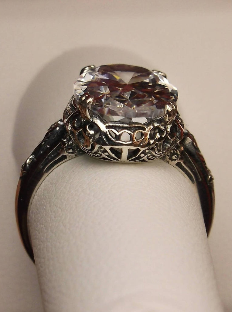 White Cubic Zirconia (CZ) Ring, oval faceted gemstone, sterling silver floral filigree, Edward design #D70