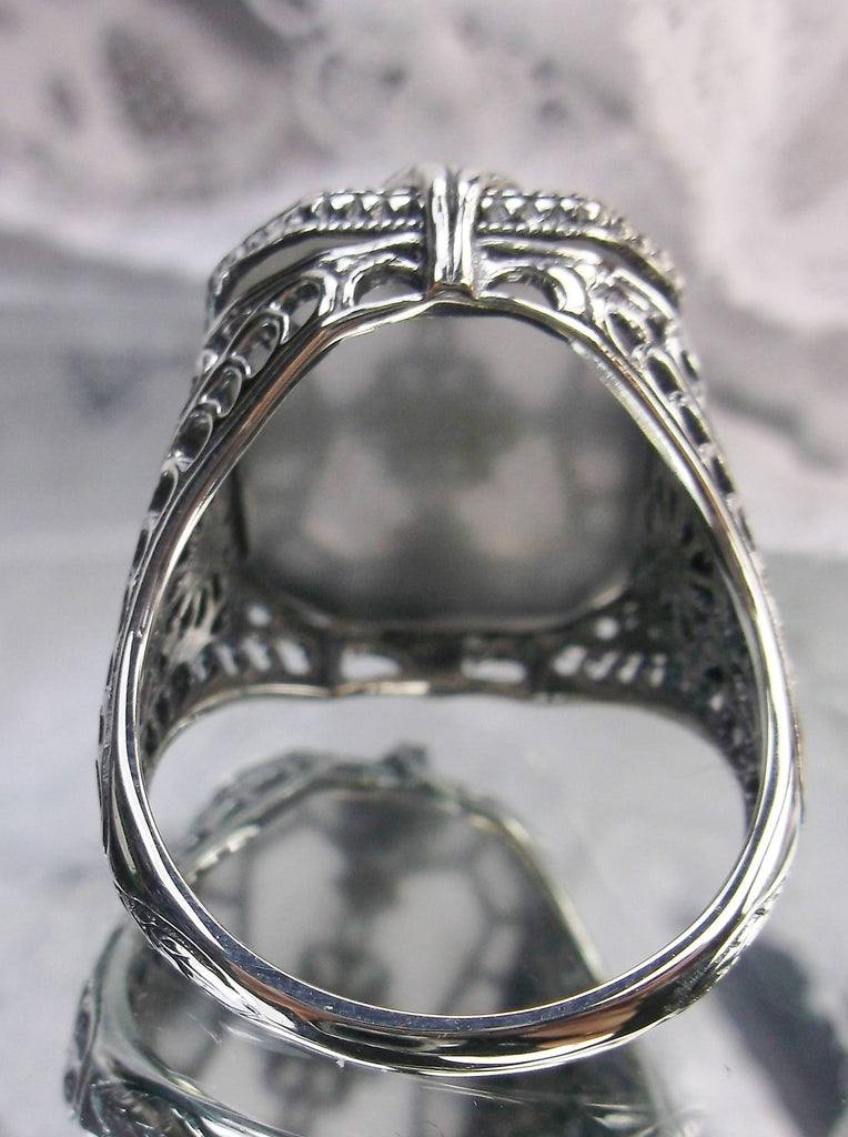 Frosted White  Camphor Glass Ring with Sterling Silver Art Deco Filigree and a single white CZ in the center of the pane sections