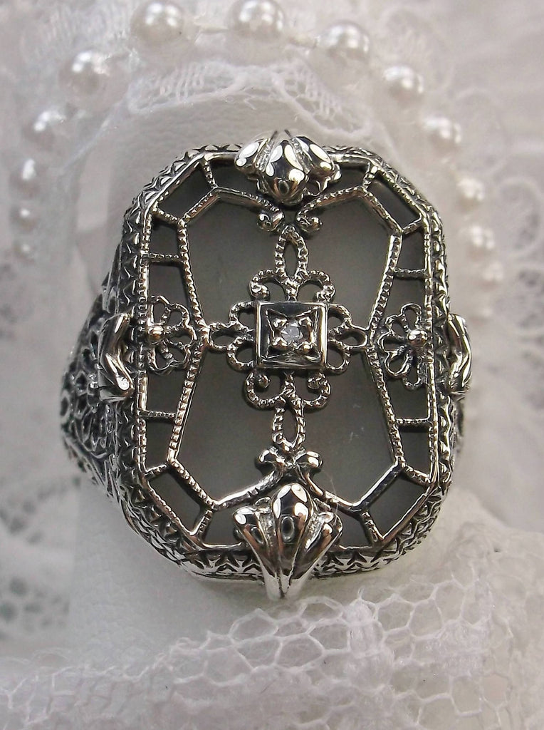 Frosted White  Camphor Glass Ring with Sterling Silver Art Deco Filigree and a single white CZ in the center of the pane sections