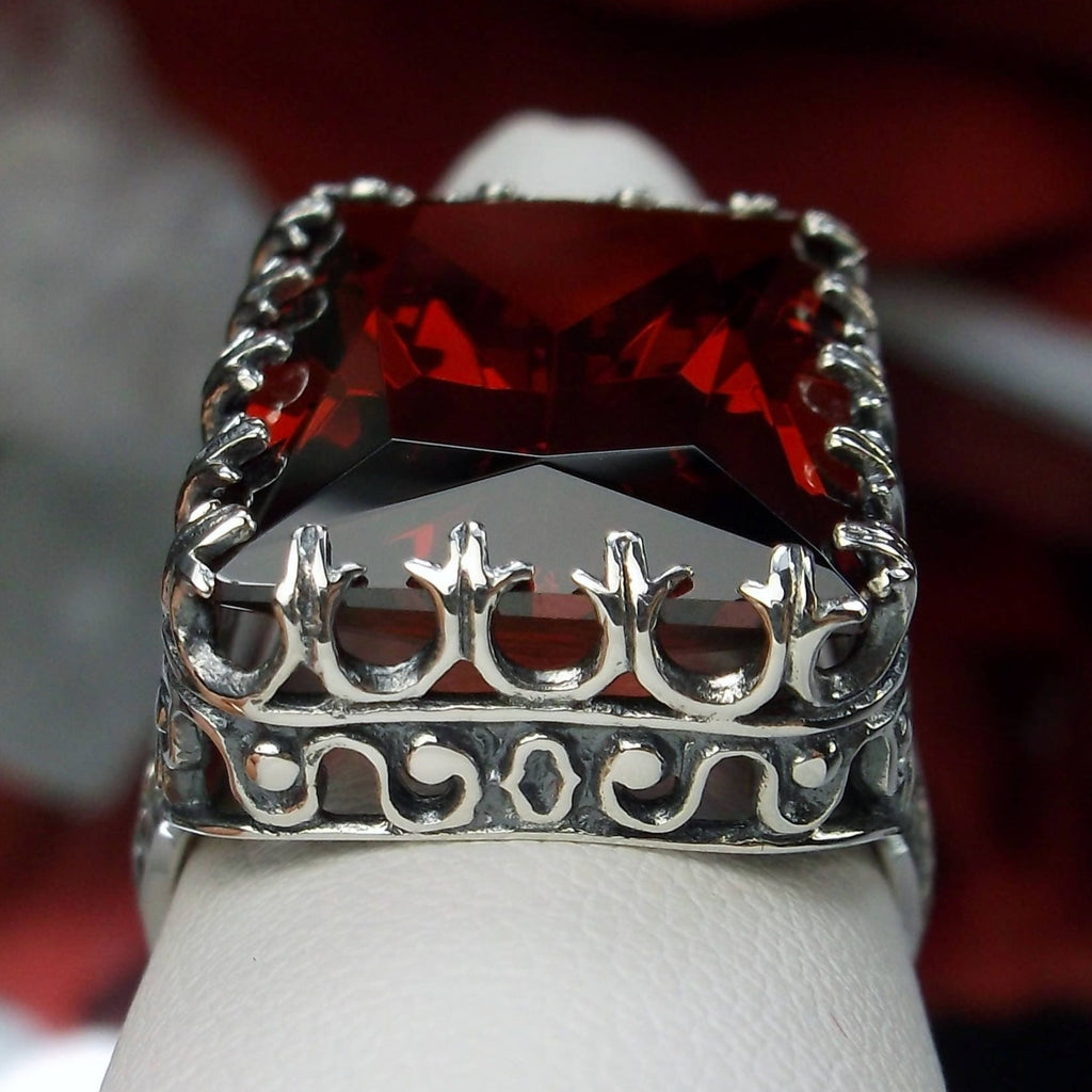 Garnet Ring, Big Red CZ, 30ct Rectangle Gem, Cubic Zirconia Gemstone, Garnet CZ Ring, Cardinal Sterling Silver Filigree, Faceted Gemstone, Vintage Jewelry, Silver Embrace Jewelry, D215