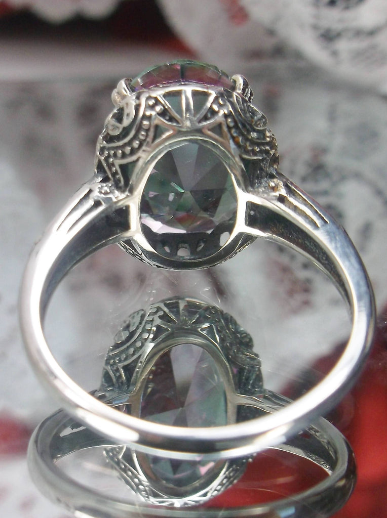 Mystic Topaz Ring, 6 carat oval faceted simulated gemstone, Sterling Silver floral filigree, Edward design #D70