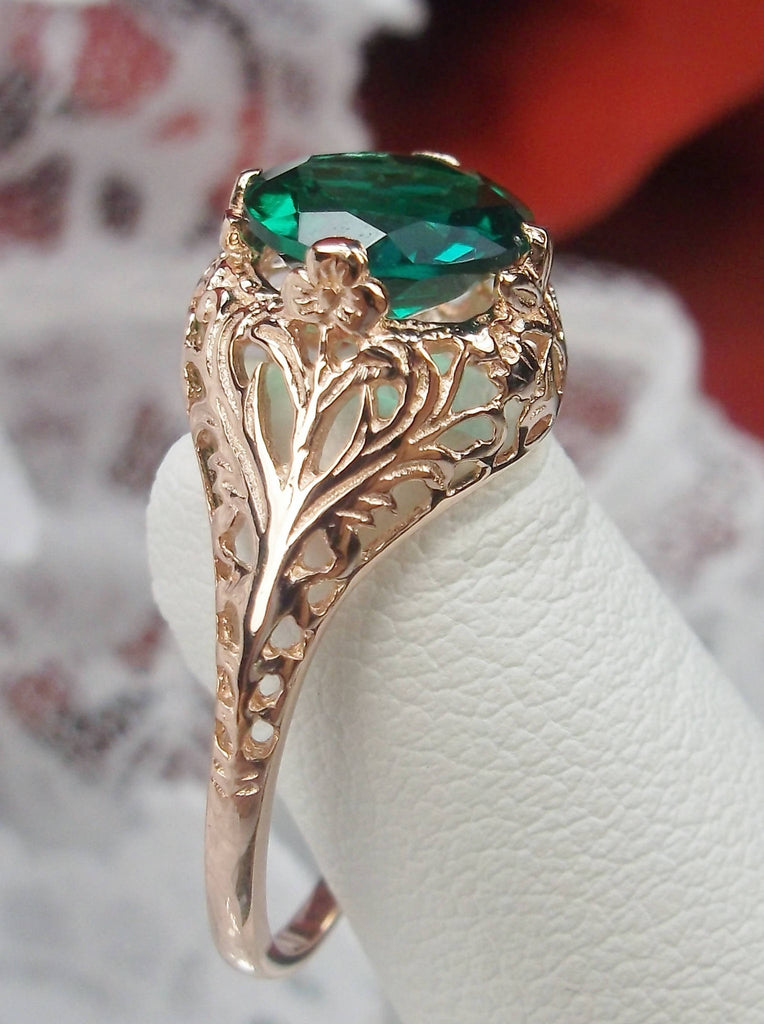 natural green emerald solitaire ring with swirl antique floral rose gold filigree