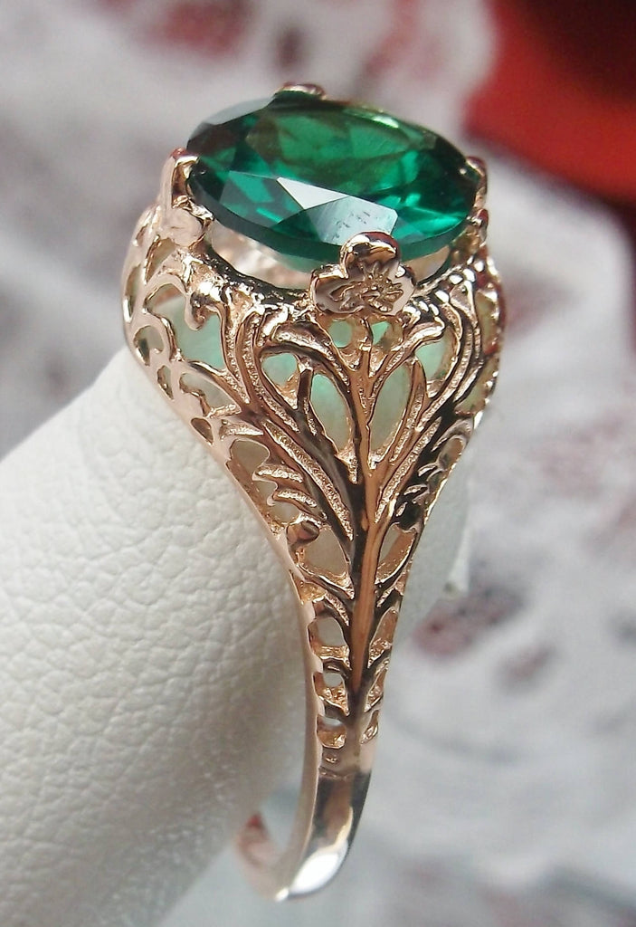 natural green emerald solitaire ring with swirl antique floral rose gold filigree
