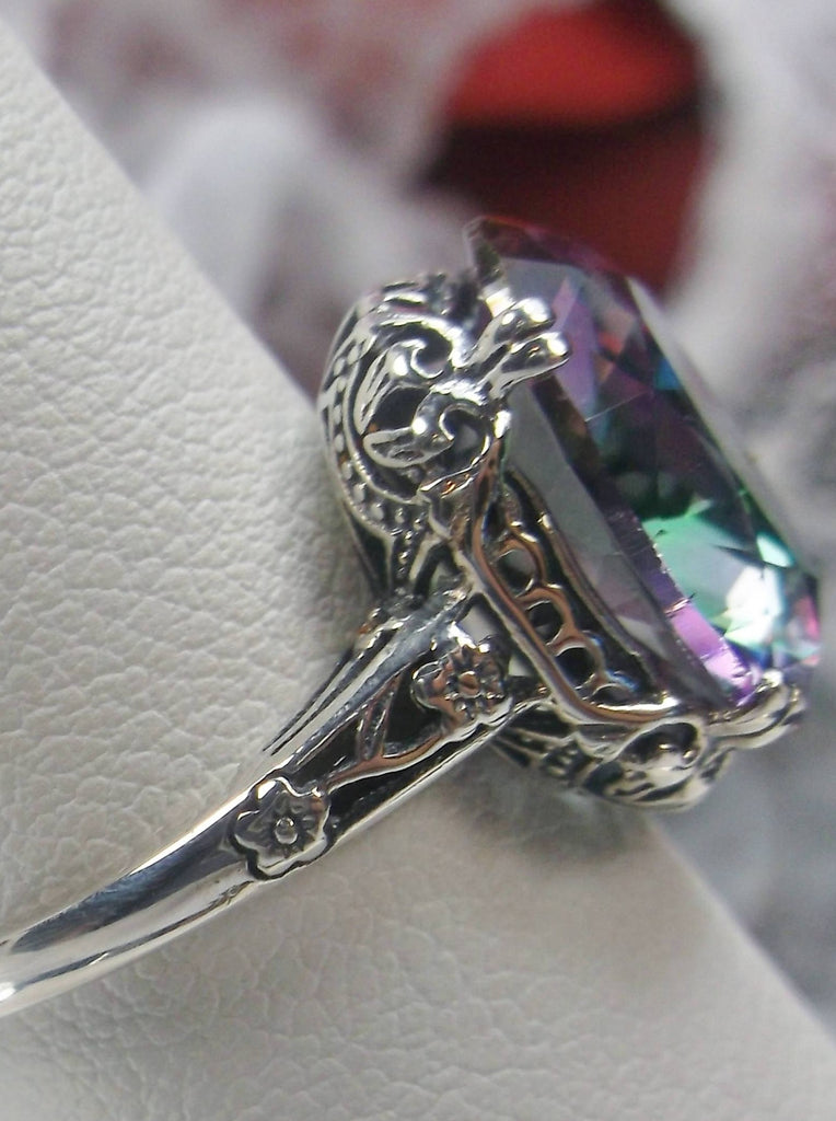 Mystic Topaz Ring, 6 carat oval faceted simulated gemstone, Sterling Silver floral filigree, Edward design #D70
