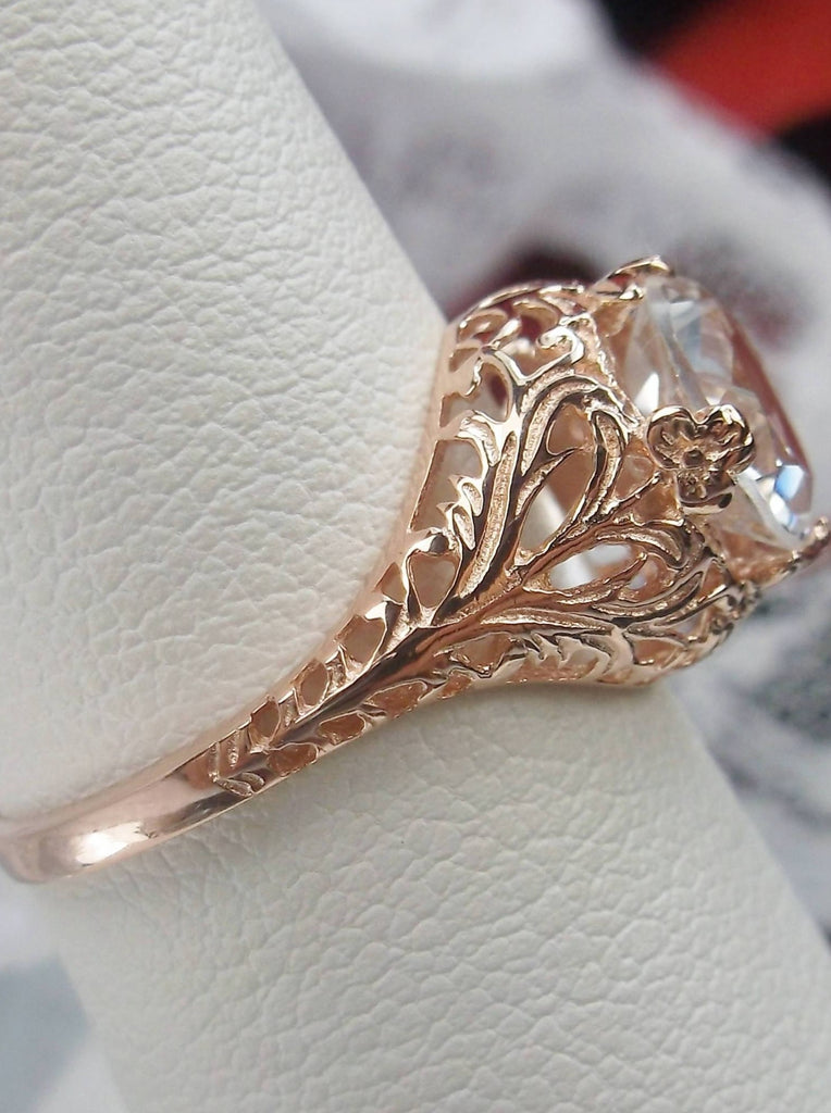 natural white topaz solitaire ring with swirl antique floral rose gold filigree