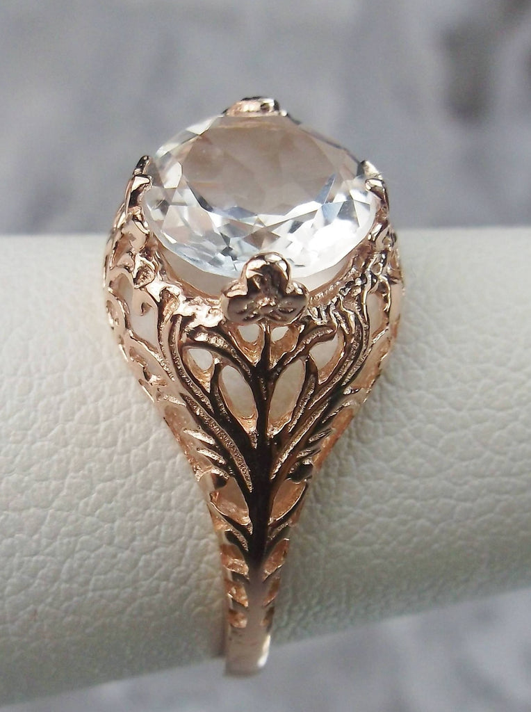 natural white topaz solitaire ring with swirl antique floral rose gold filigree