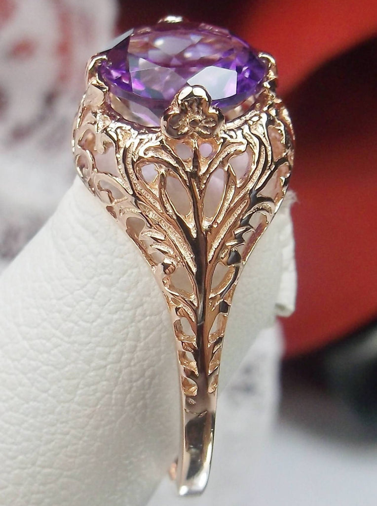 Natural Purple Amethyst Ring, solitaire gemstone, Rose Gold swirl Filigree, Victorian jewelry