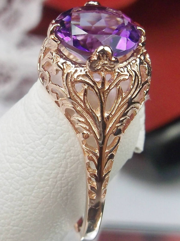 Natural Purple Amethyst Ring, solitaire gemstone, Rose Gold swirl Filigree, Victorian jewelry