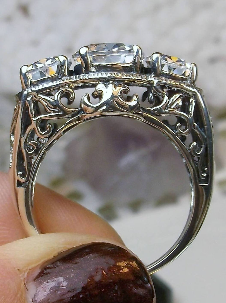 White CZ Ring, Triple 3-Stone design, sterling silver filigree, Art Deco Jewelry