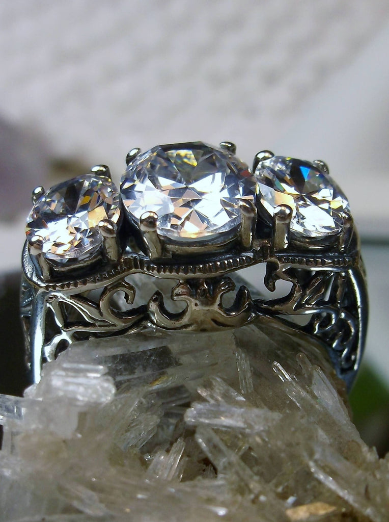 White CZ Ring, Triple 3-Stone design, sterling silver filigree, Art Deco Jewelry