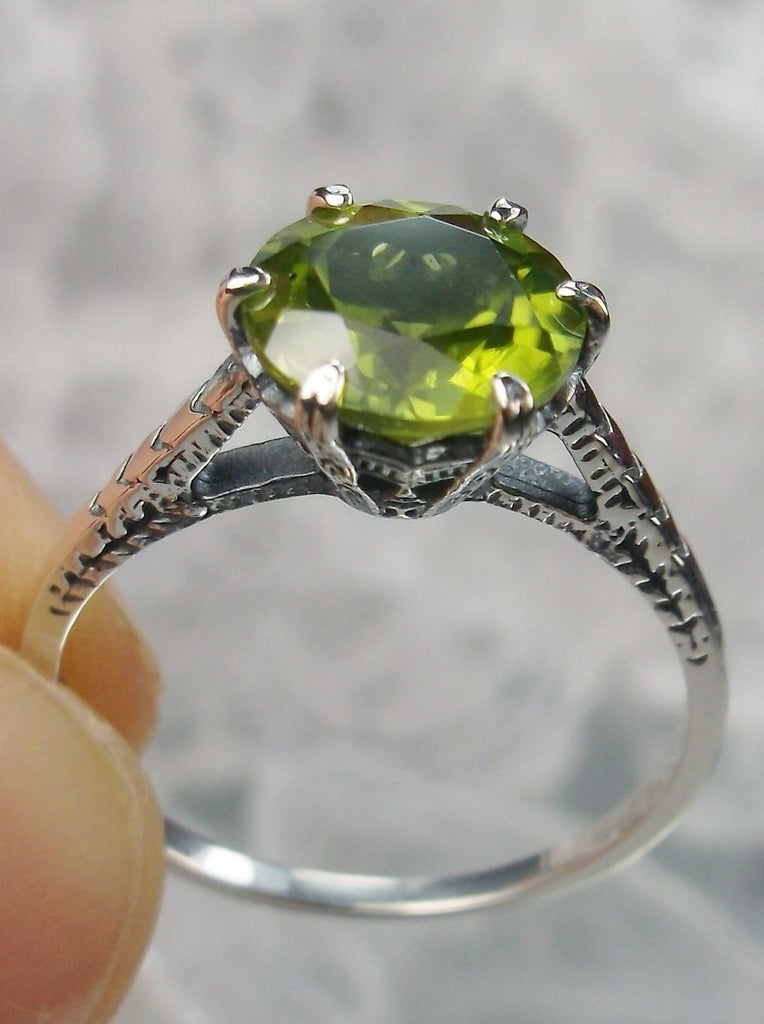 Green Peridot Ring, Natural gemstone, classic solitaire, Victorian sterling silver filigree
