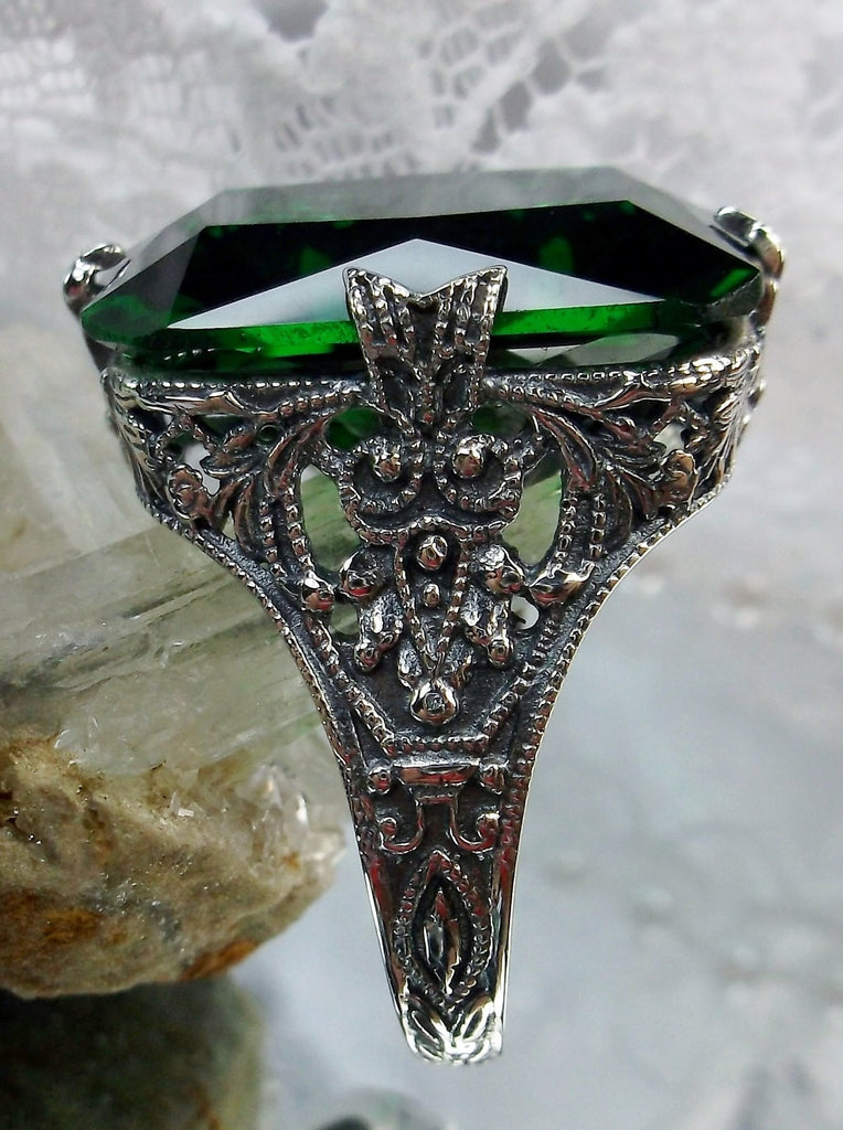Emerald Green Ring, Edwardian style, sterling silver filigree, with flared prong detail, Treasure design