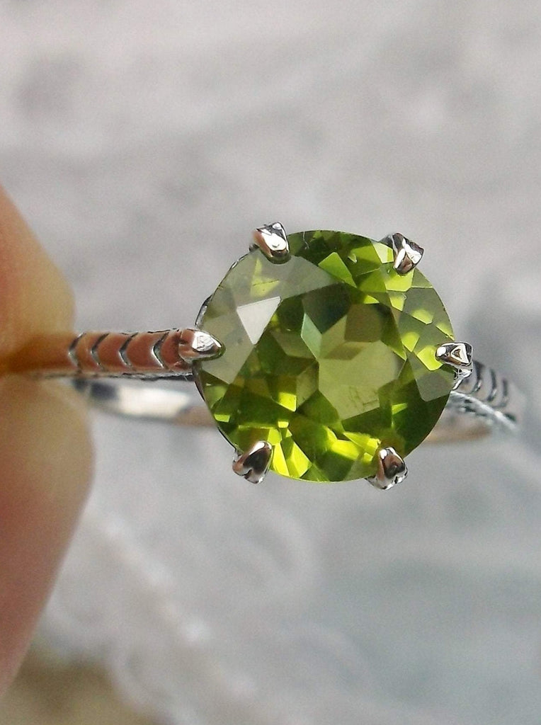 Green Peridot Ring, Natural gemstone, classic solitaire, Victorian sterling silver filigree