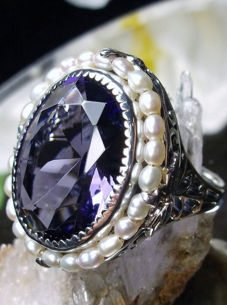 Amethyst Ring, Seed Pearls surround and accent the simulated oval stone with sterling silver Victorian filigree