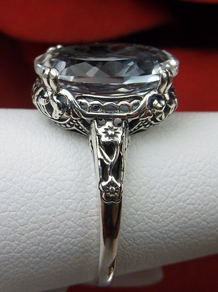 Natural White topaz Ring, 6 carat oval faceted topaz, sterling silver floral filigree, Edward design #D70
