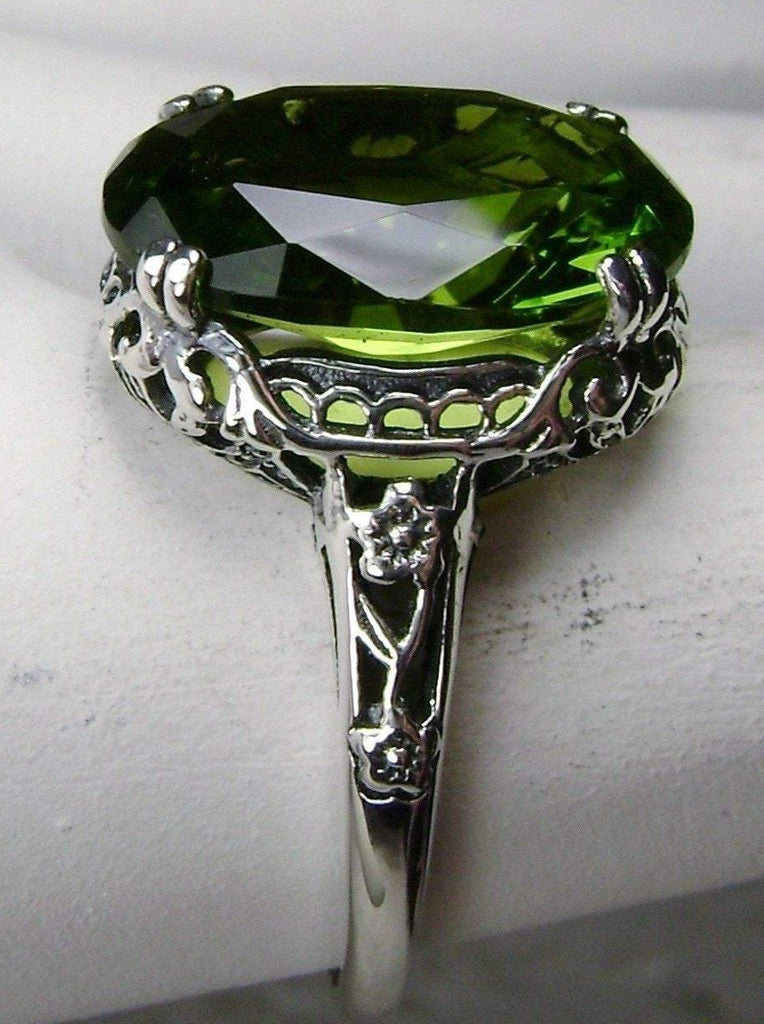 Peridot Ring, simulated green peridot oval faceted gemstone, sterling silver floral filigree, Edward design #D70