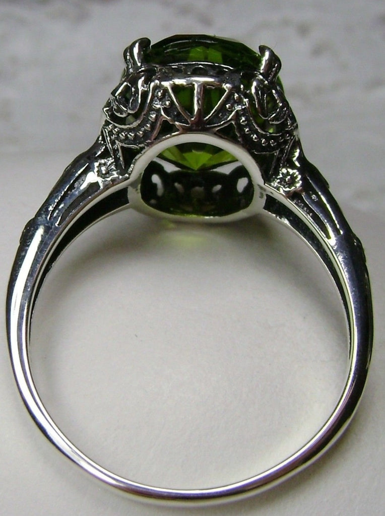 Peridot Ring, simulated green peridot oval faceted gemstone, sterling silver floral filigree, Edward design #D70