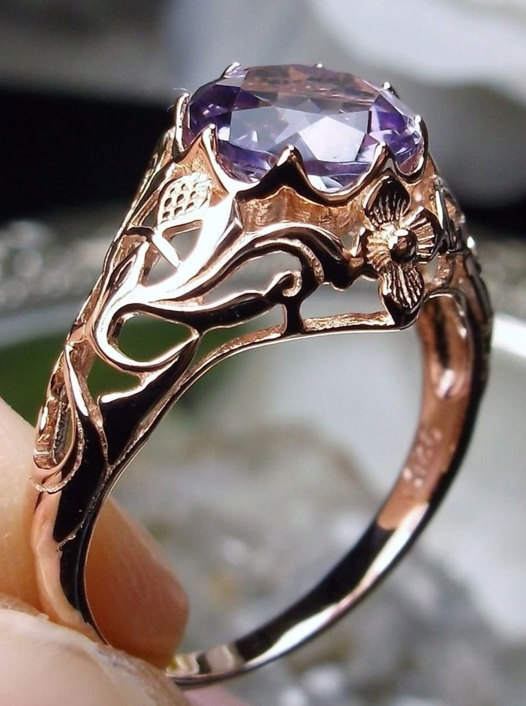 Natural Amethyst Ring, Rose Gold over sterling silver floral filigree, Daisy design #D66