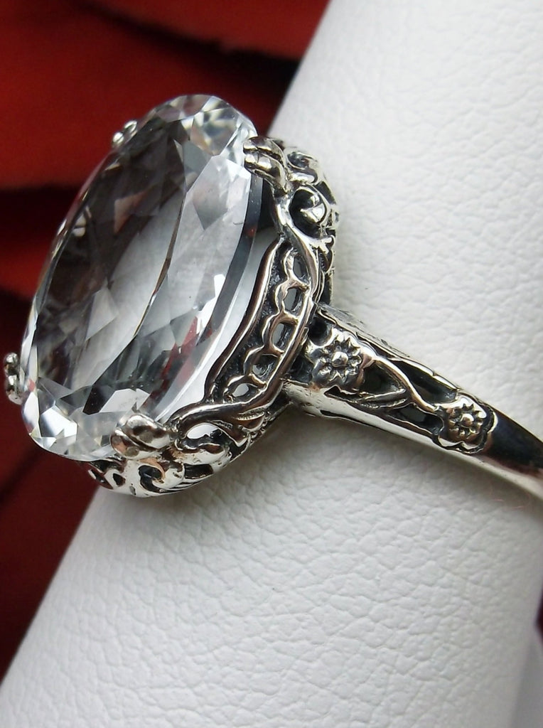 Natural White topaz Ring, 6 carat oval faceted topaz, sterling silver floral filigree, Edward design #D70