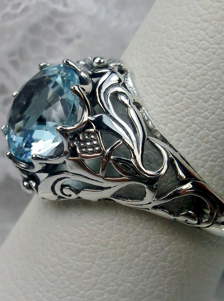 aquamarine ring, sterling silver filigree, daisy design #D66
