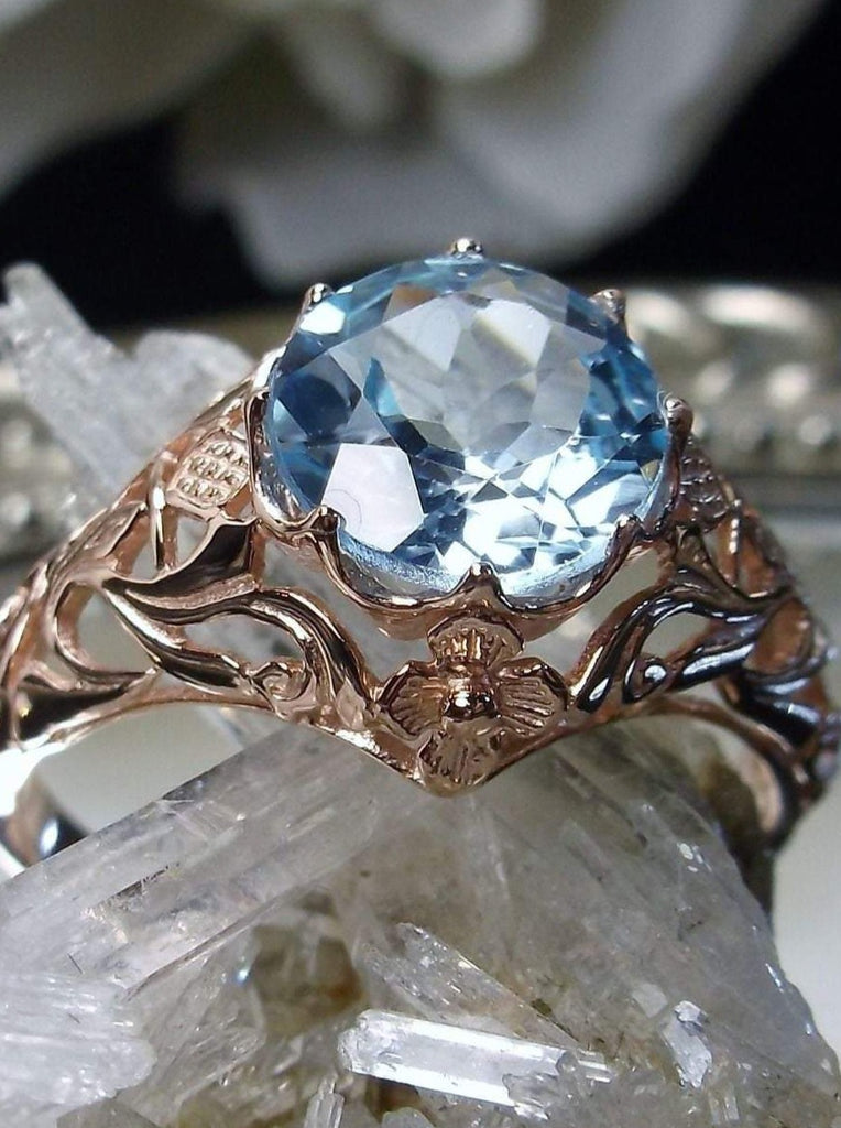 natural sky blue topaz ring, rose gold over sterling silver floral filigree, daisy design #D66