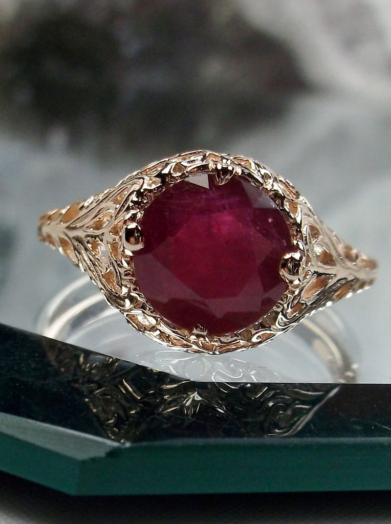 natural red ruby solitaire ring with swirl antique floral rose gold filigree