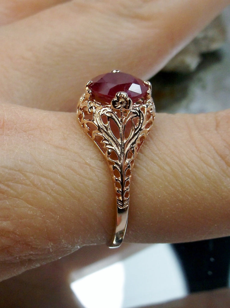 natural red ruby solitaire ring with swirl antique floral rose gold filigree