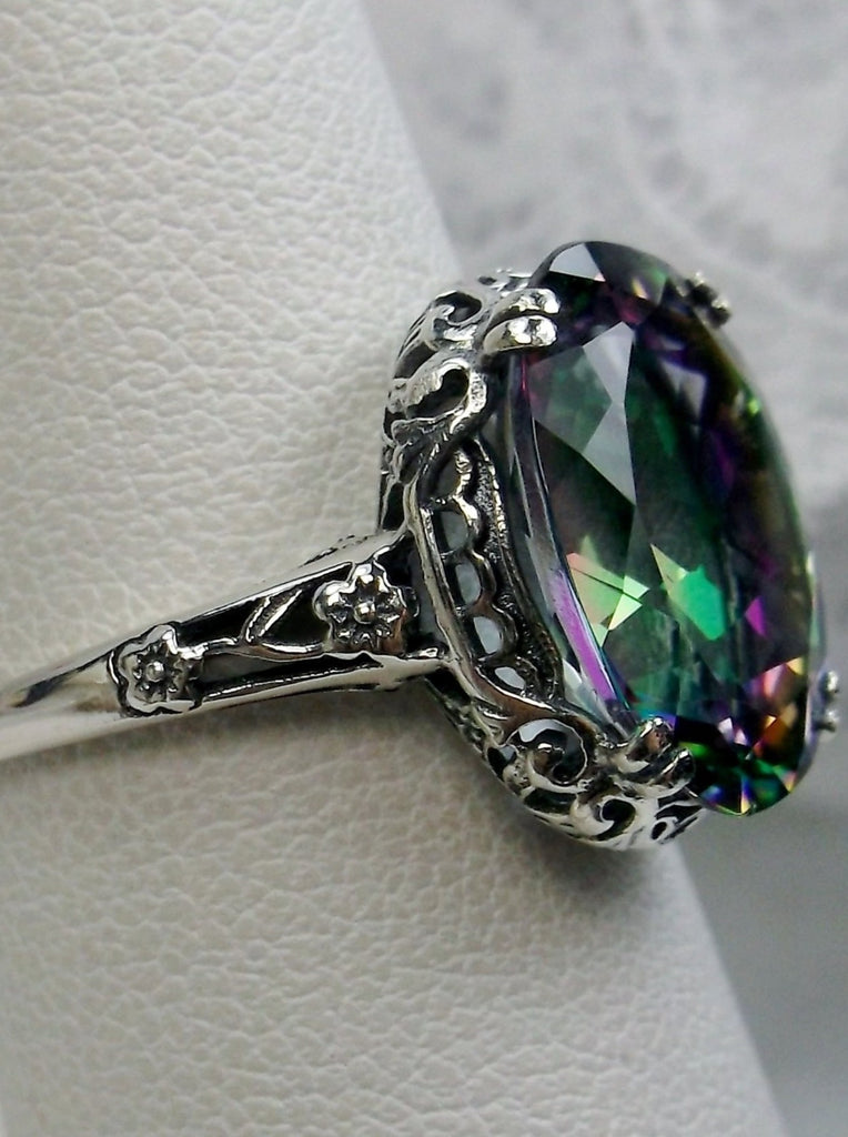 Mystic Topaz  Ring,  6 carat oval faceted simulated gemstone, Sterling Silver floral filigree, Edward design #D70