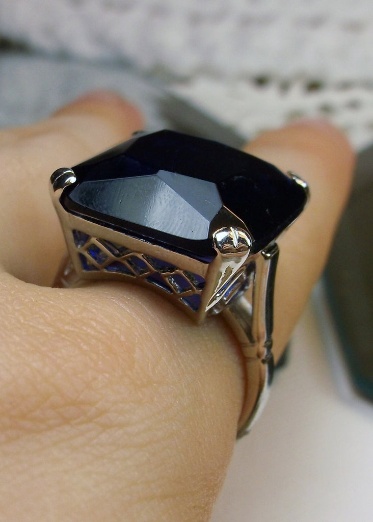 Sapphire Ring, Large square blue sapphire gem in crisscross basket-weave filigree, art deco styled ring, Art Deco Jewelry, Silver Embrace Jewelry