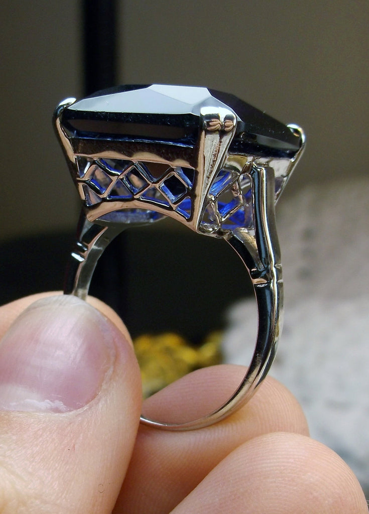 Sapphire Ring, Large square blue sapphire gem in crisscross basket-weave filigree, art deco styled ring, Art Deco Jewelry, Silver Embrace Jewelry