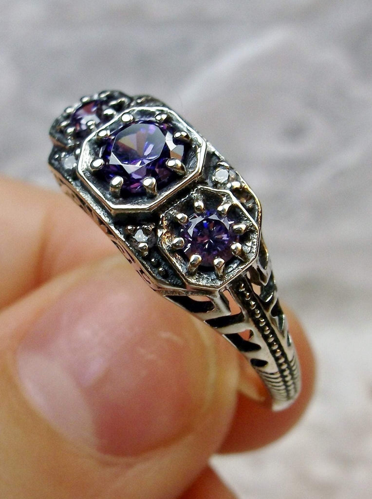 Art deco style ring with three Purple amethyst CZs set in sterling silver filigree