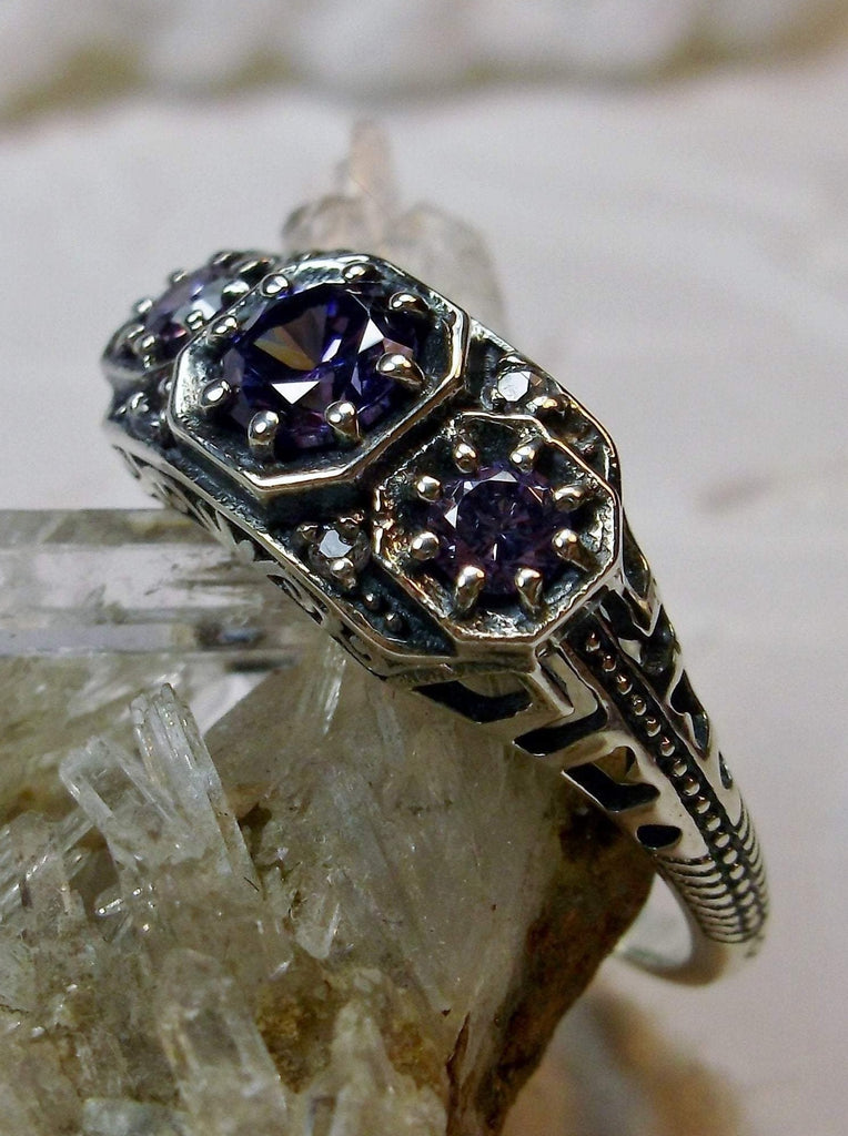 Art deco style ring with three Purple amethyst CZs set in sterling silver filigree
