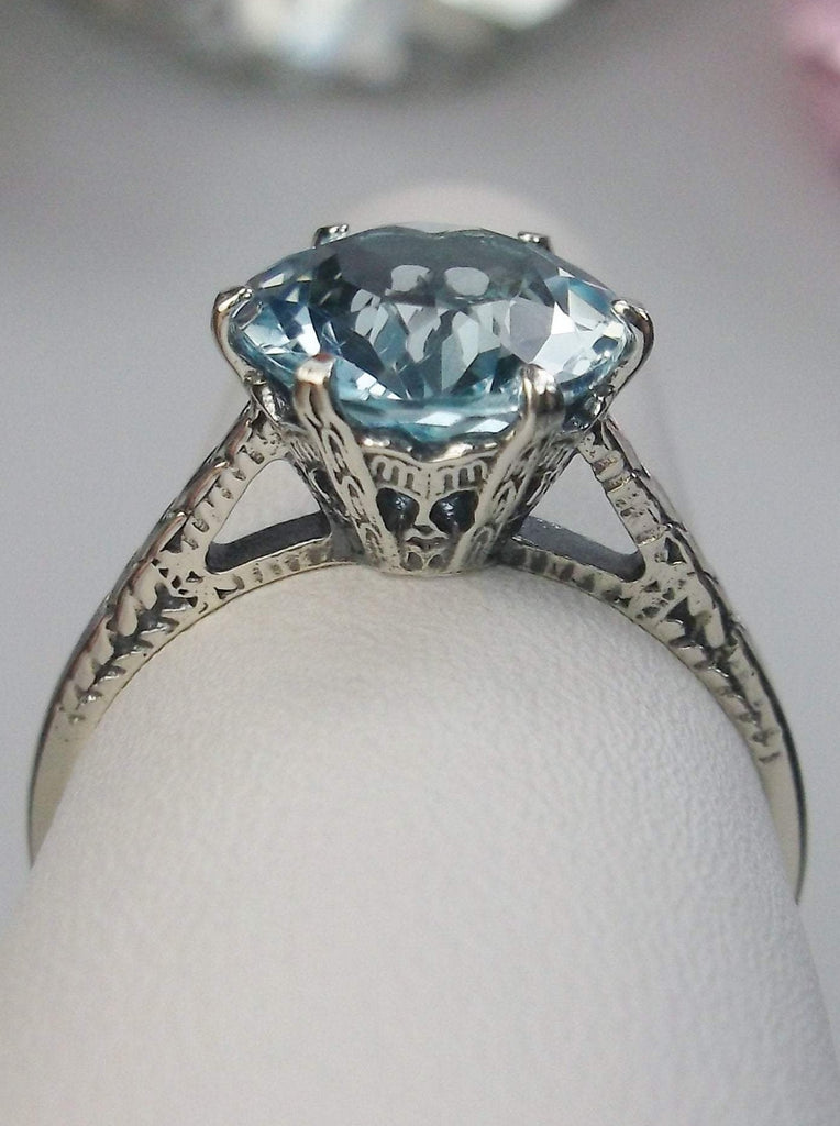 Blue Topaz Ring, Natural gemstone, classic solitaire, Victorian sterling silver filigree