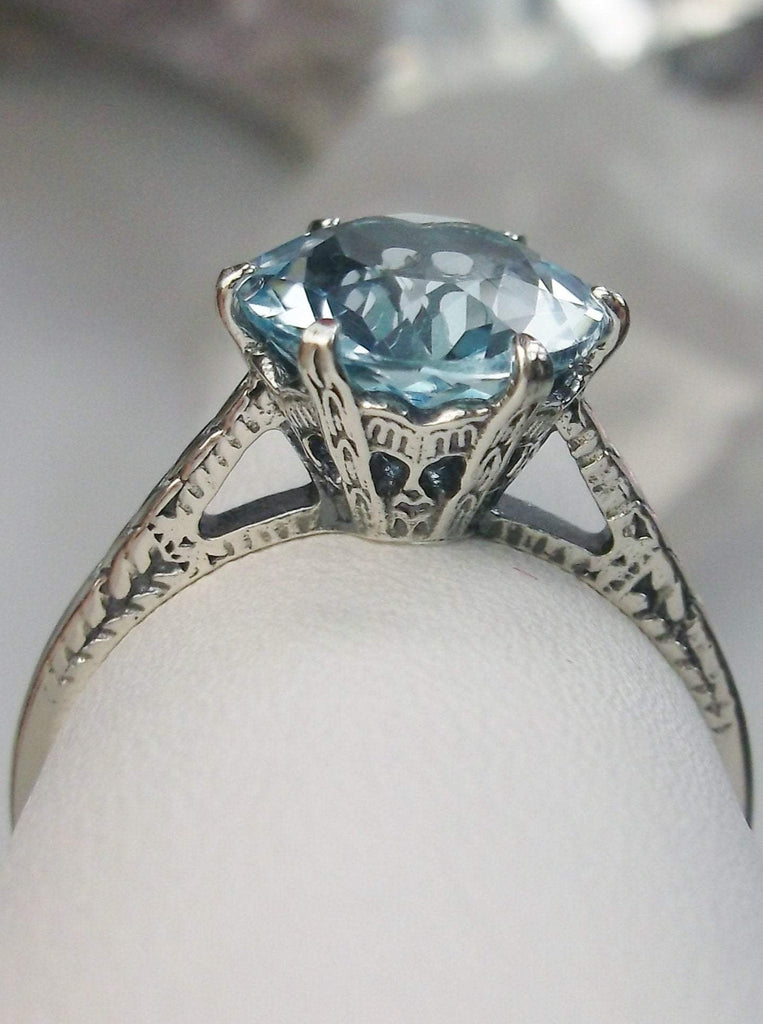 Blue Topaz Ring, Natural gemstone, classic solitaire, Victorian sterling silver filigree