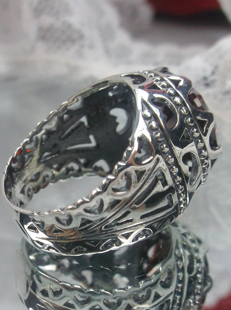 Garnet Ring, Round Gem, Edwardian Jewelry, Art Deco Filigree, Sterling Silver Jewelry, Silver Embrace Jewelry, Queen of Hearts D181