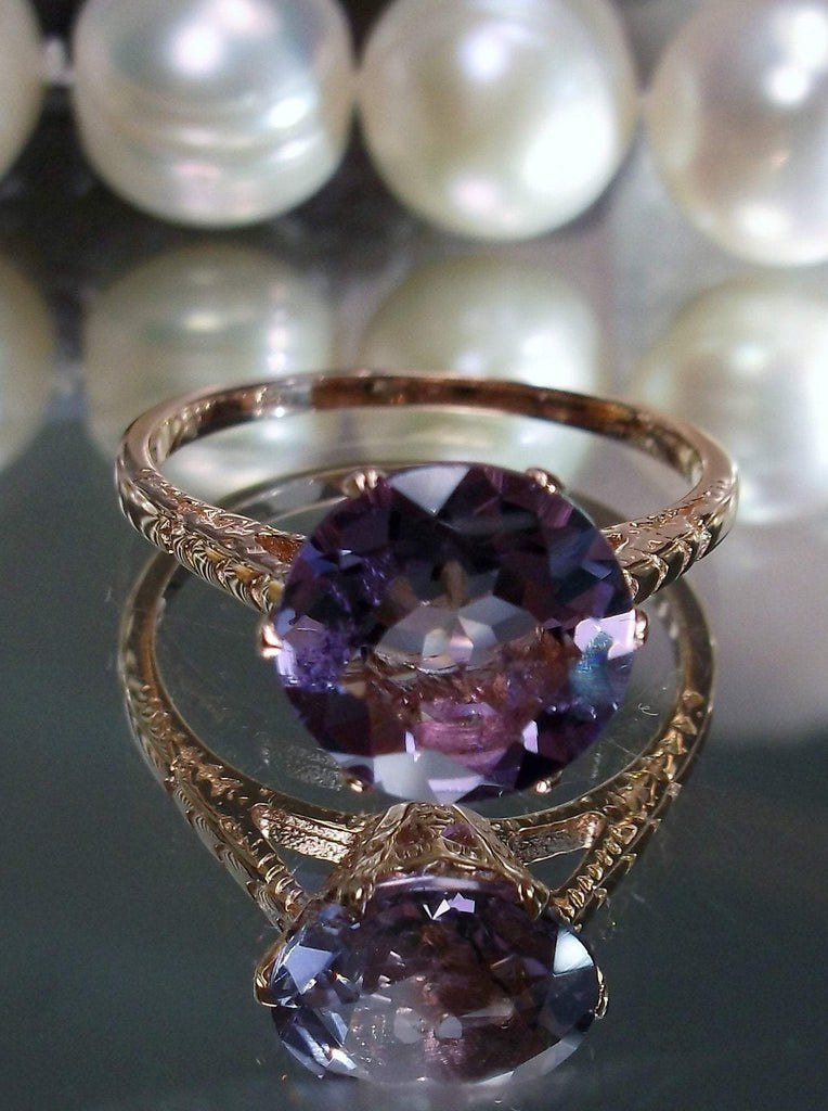 Amethyst Ring, Natural gemstone, classic solitaire, Victorian rose gold filigree
