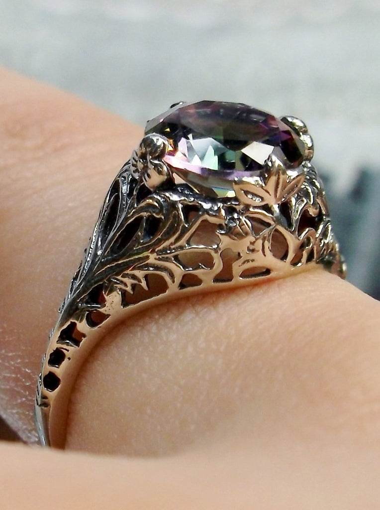 mystic topaz solitaire ring with swirl antique floral sterling silver filigree