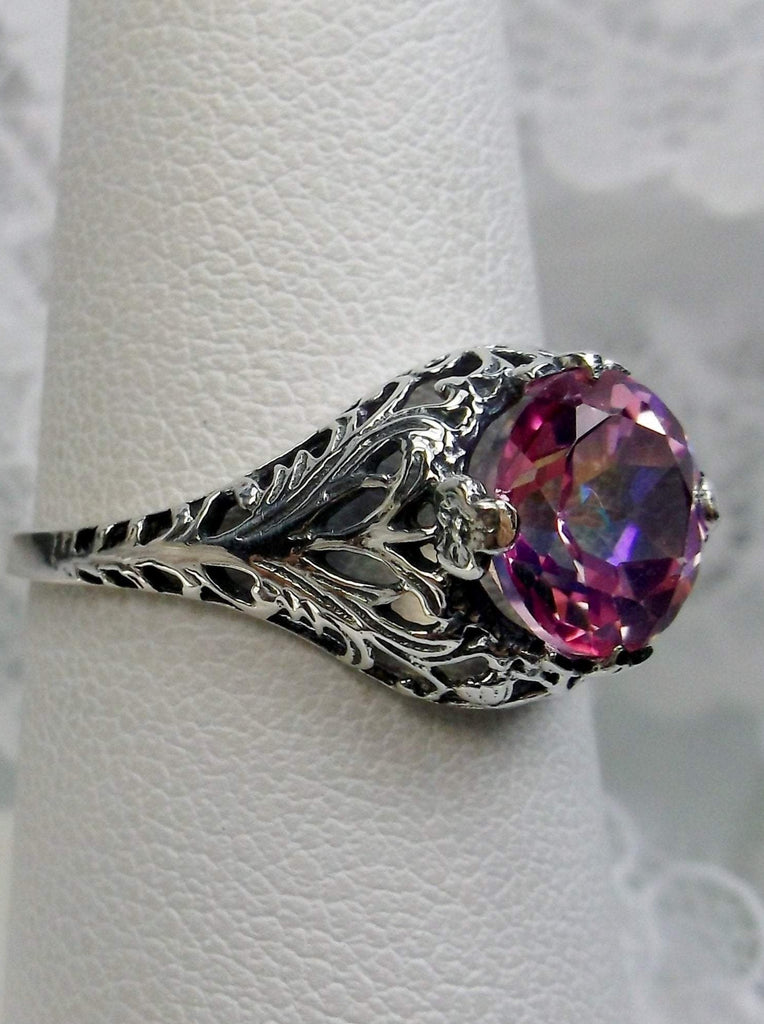 natural pink topaz solitaire ring with swirl antique floral sterling silver filigree