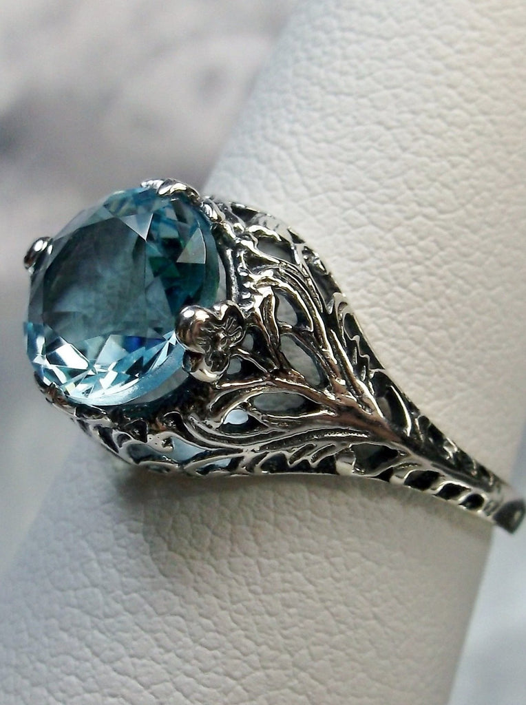 sky blue aquamarine ring with swirl antique floral sterling silver filigree